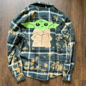 Star Wars Baby Yoda Plaid Flannel Shirt XS Bleach Dye Button-Up